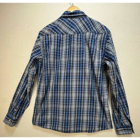 PD&C Men's Button Up Cotton Shirt Size L Blue White Plaid Long Sleeve Pockets - Picture 2 of 11